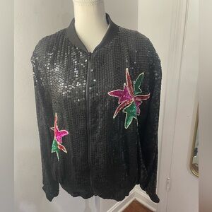 Vintage 80s 90s full sequined Bomber Jacket with Pink & Green Floral Appliqués